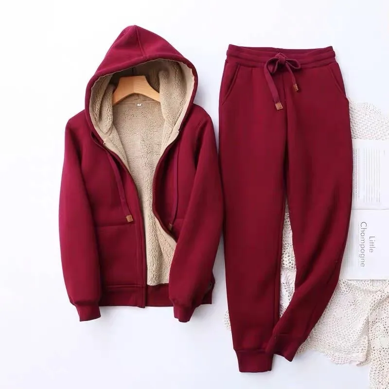 2024 Winter Plus Velvet Casual Suit Women's Thickened Simple Solid Long Sleeve Hooded Short Coat Sweat Pants+ Coats for Women