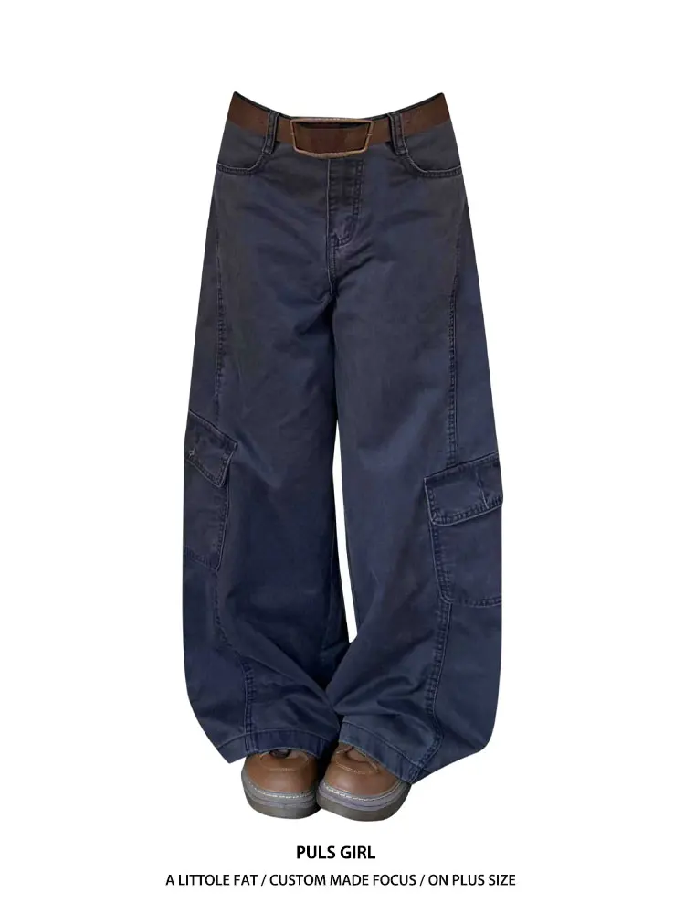 

Retro Large Size Women's Jeans Casual Loose Wide Leg Workwear Denim Pants Multiple Pockets Washed Effect High Waist Trousers