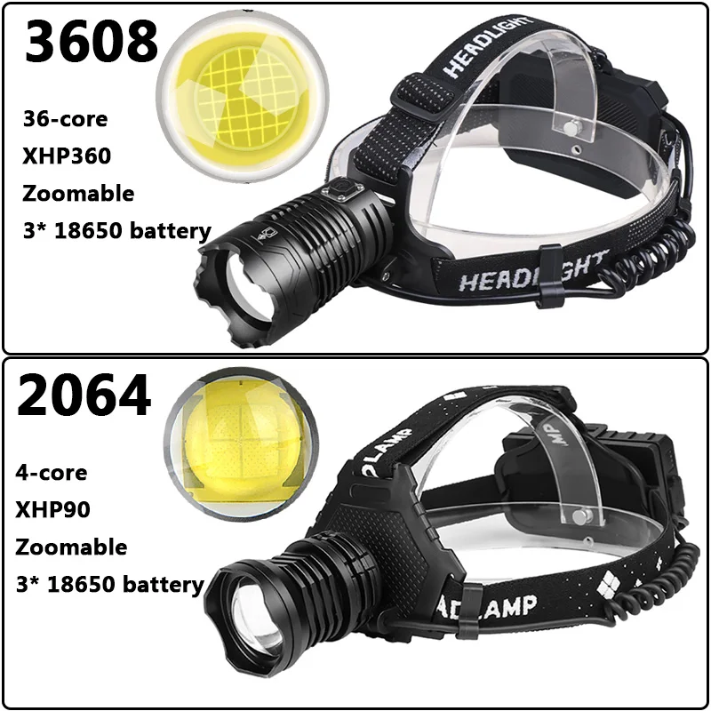 Superheller XHP360/XHP90 Hochleistungs-LED-Scheinwerfer, zoombarer Powerbank-Scheinwerfer, USB wiederaufladbar, 18650-Akku, Kopf-Taschenlampe