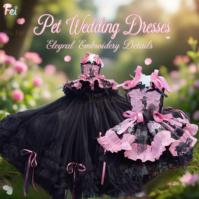 

‌Elegant Black-Rose Lace Dog Dress, Custom-Tailored Lolita Outfit for Small Dogs, Pet Apparel, Special Occasion Dog Clothing