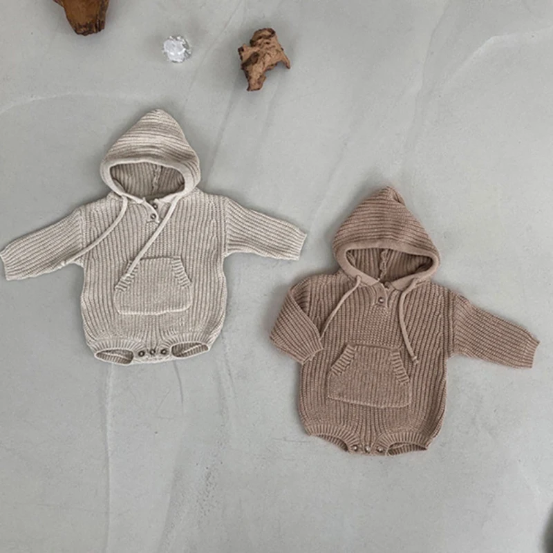 Korean Style Climbing Suit Autumn Spring Baby Girls Hooded Long Sleeve Knitting  Bodysuits Infant Baby Girls Knitting Jumpsuit