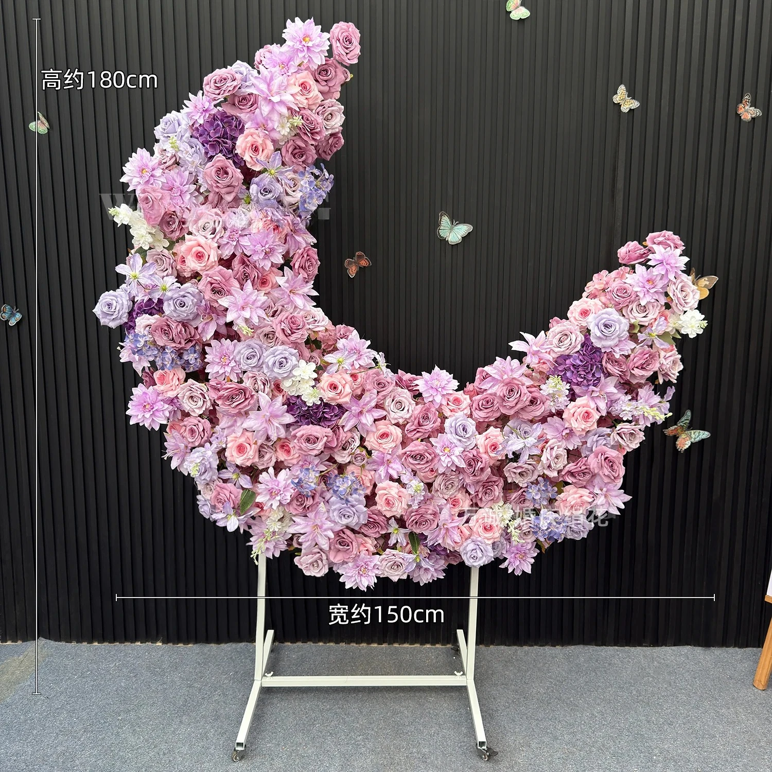 Customized Floral Backdrop Butterfly Arrangement Flower Panel Moon Shape Flower Row Artificial Flowers Wedding Decor Party Prop
