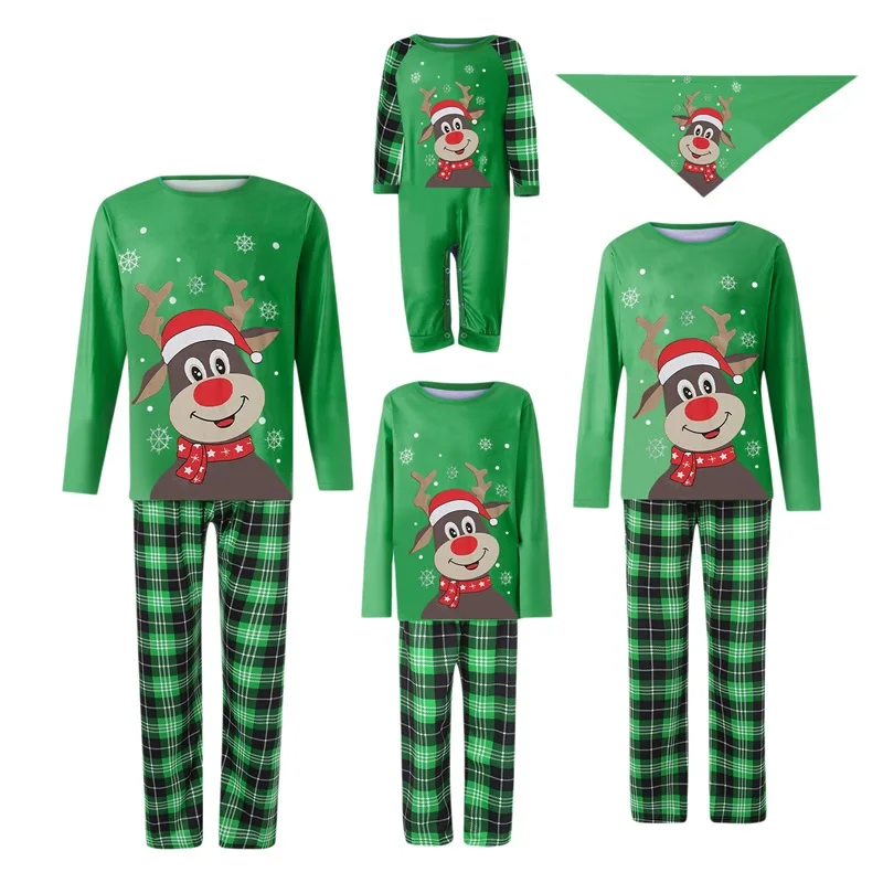 Matching Christmas Pajamas Set for Family Including Long Sleeve Elk Tops and Plaid Pants for Adults Kids Babies and Dogs