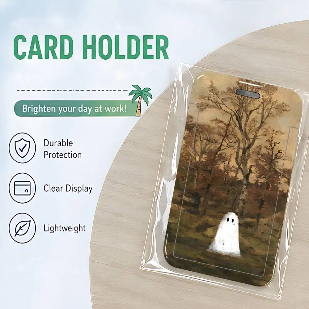 Cute Ghost Clear ID Card Holder Lanyard Neck Strap Badge Case Door Credit Card Protector Daily Gift