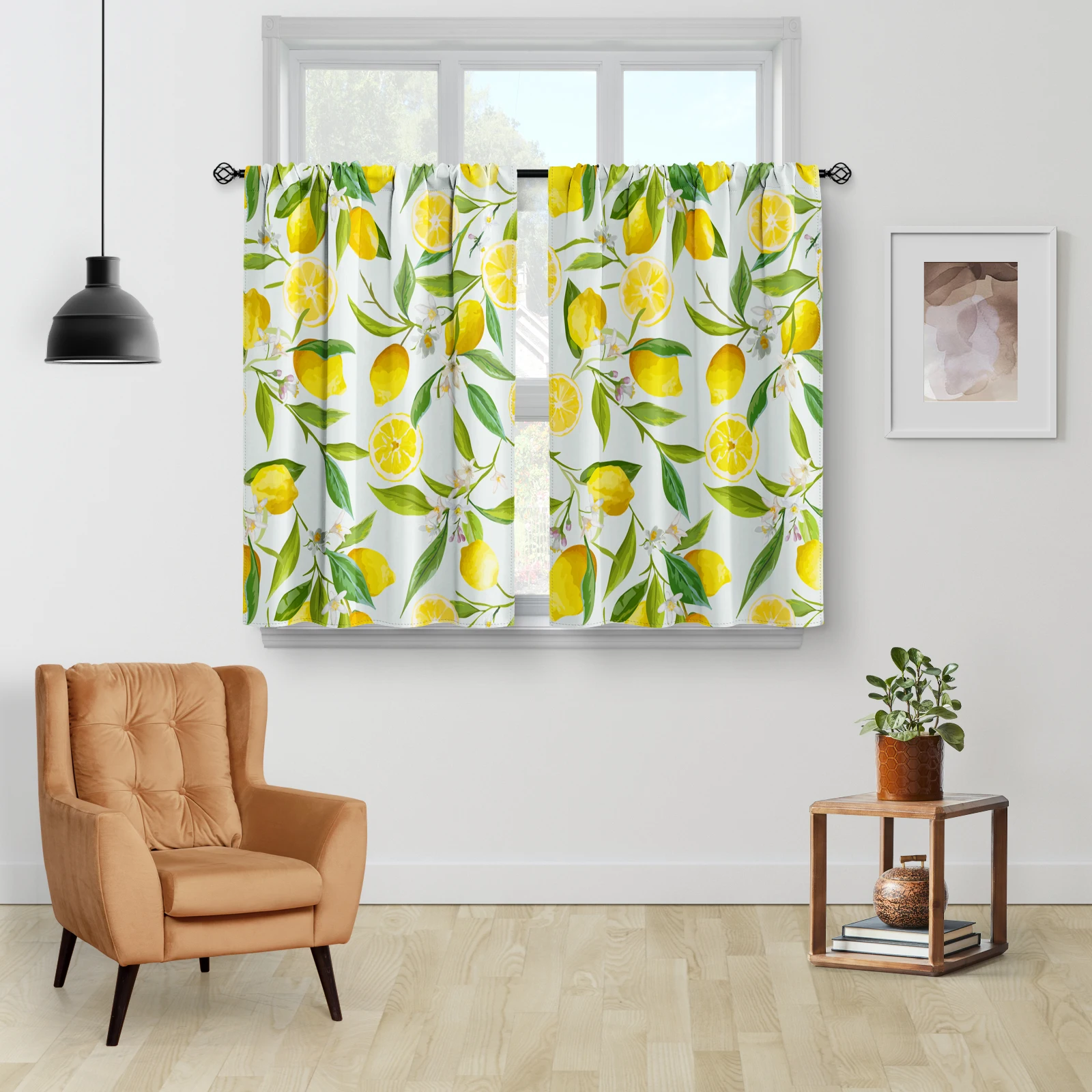 2 Panels Lemon Kitchen Curtains, Spring Country Farmhouse Rustic Nature Fruit Leaves Short Cafe Tier Curtains for Living Dining