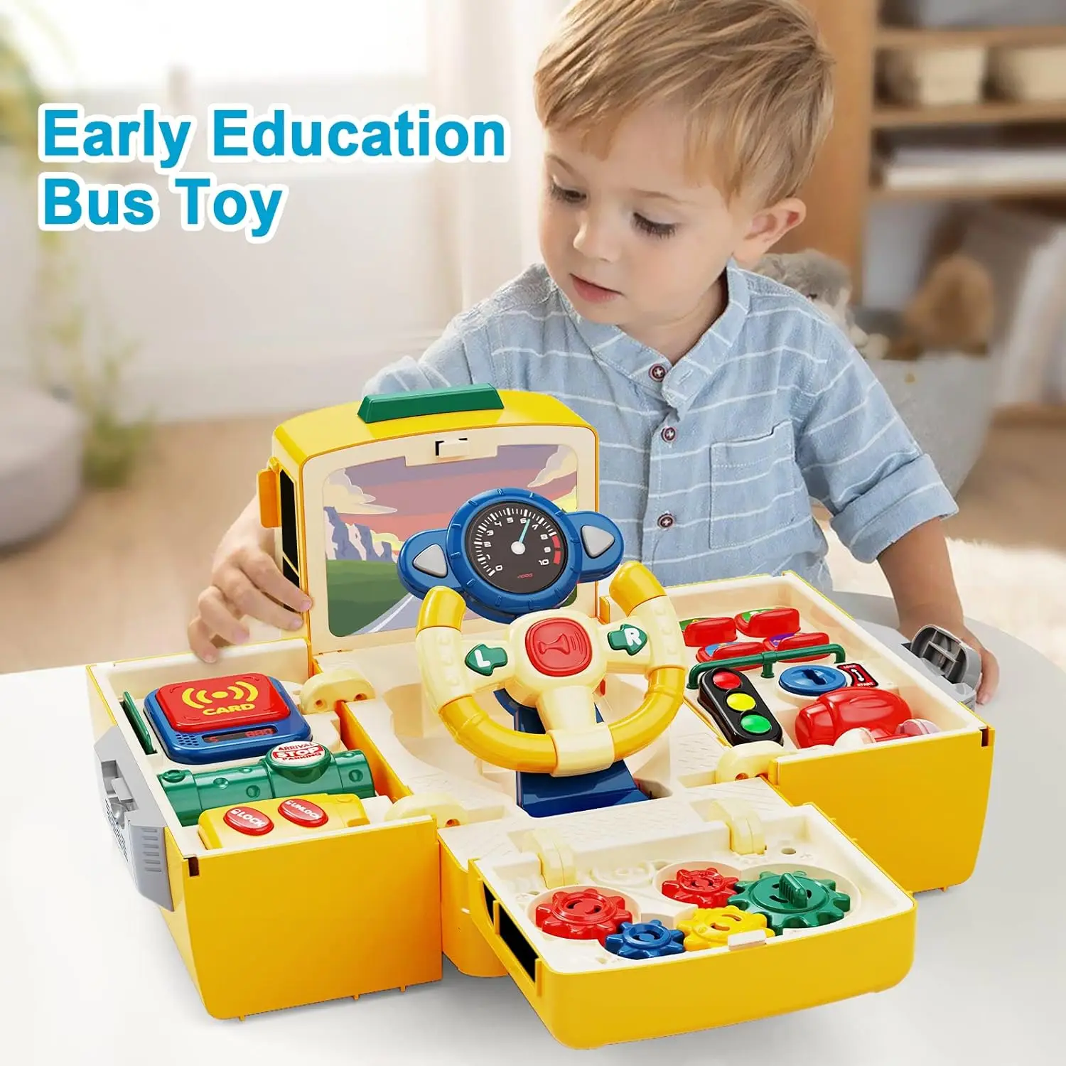 Montessori Bus Toy with Sound and Light, Kids Simulation Steering Wheel Gear Toy, Toddlers Simulation Driving Bus Toys