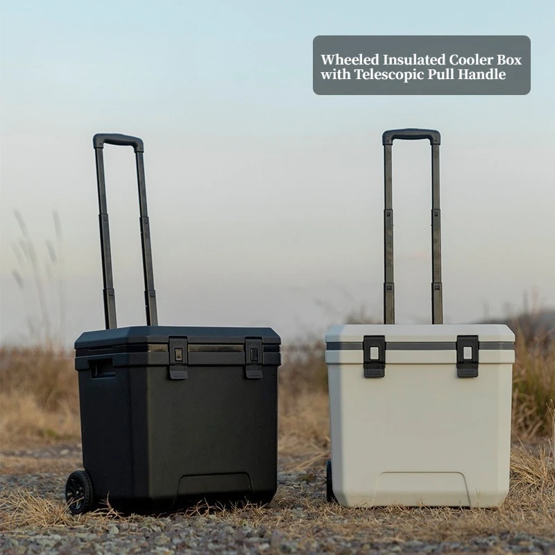 36L Outdoor Camping Insulated Cooler Box with Telescopic Pull Handle & Wheels, Multi-Purpose Storage Bin