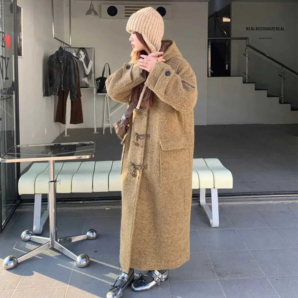 Women\'s Winter Long Camel Wool Coat Jacket Vintage Thicken Cotton Padded Parkas Warm Loose Outerwears Horn Button