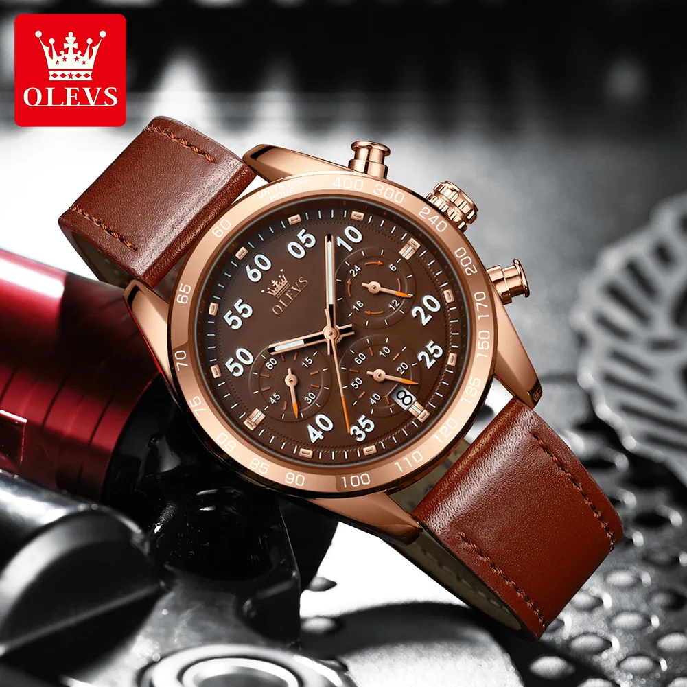 OLEVS TY703 브랜드 전용 쿼츠 시계 남성 패션 가죽 스트랩 클래식 크로노그래프 캘린더 방수 야광 남성 시계