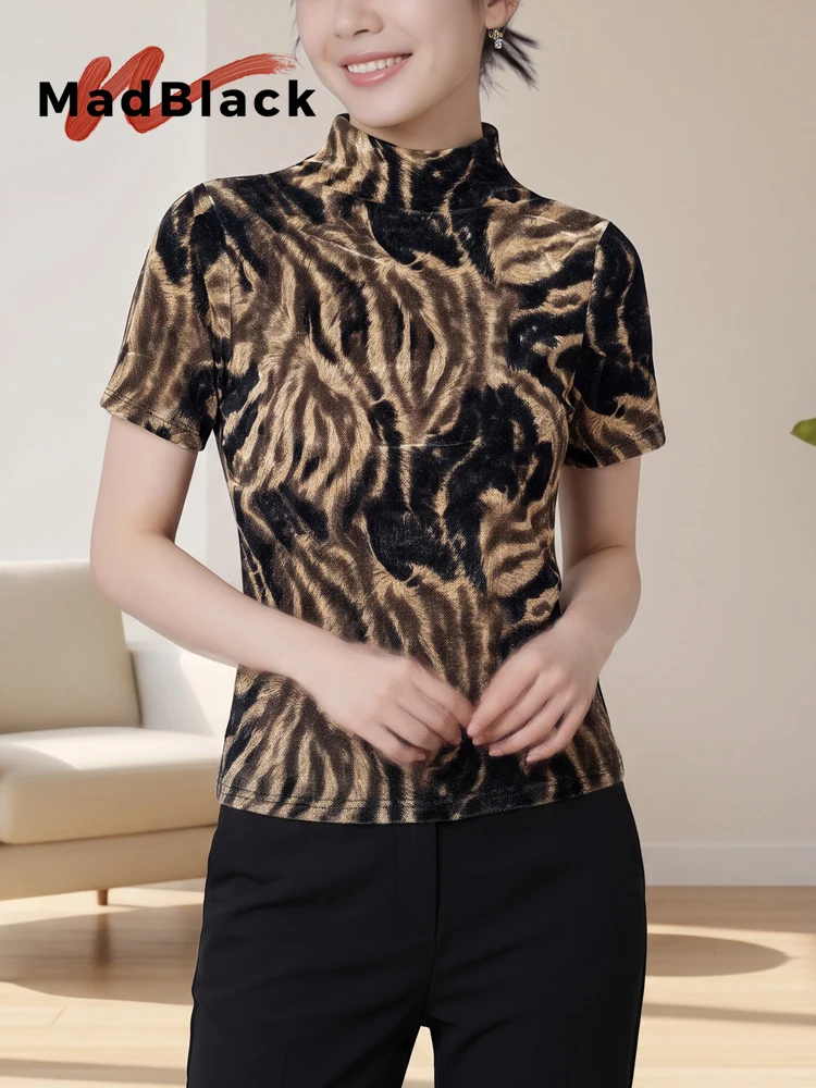 MadBlack-Women European Flocking T-Shirt, Sexy Mock Neck Leopard Print, Vintage Short Sleeve Slim M-2XL Tee, 2026 Fall T69812CC