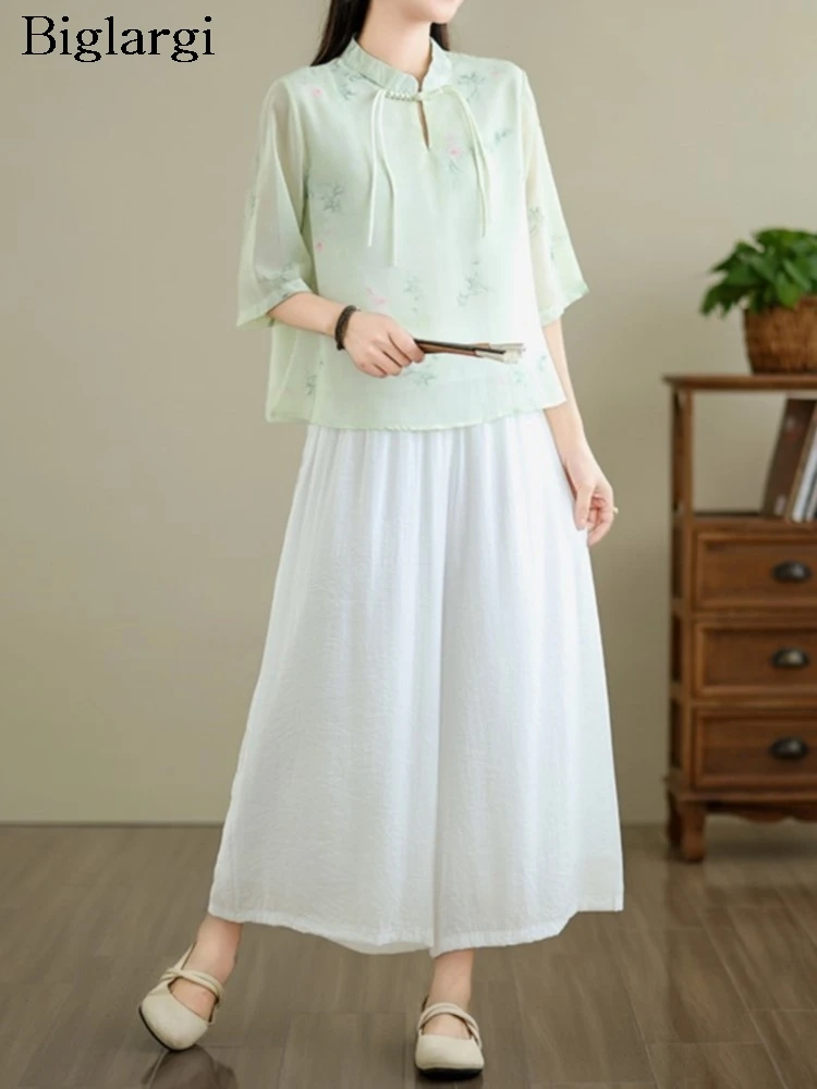 

Oversized Summer 2 Two Piece Set Women Elegant Fashion Chinese Style Flower Ladies Blouses Loose Woman Wide Leg Pant