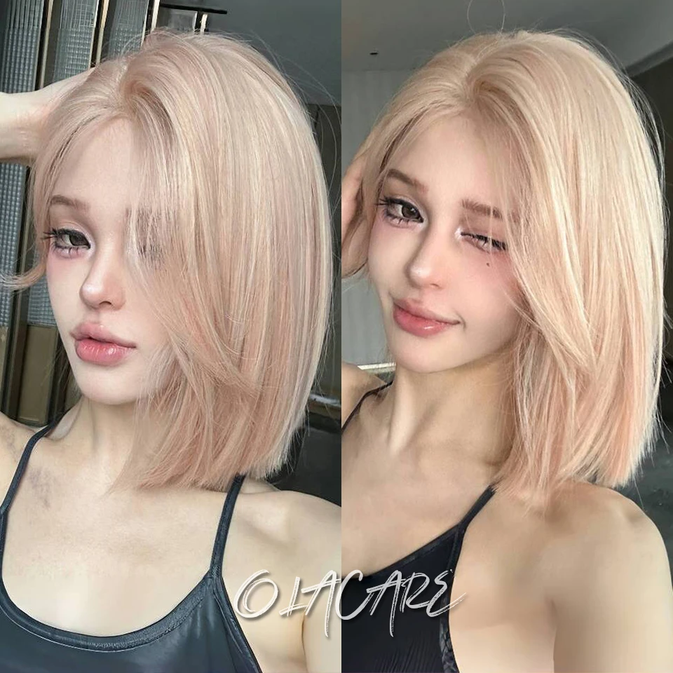 Blonde Pink Ombre Synthetic Wigs Short Straight Bob Wigs for Women Middle Part Lolita Cosplay Natural Hair Heat Resistant Fiber