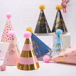 10pcs Happy Birthday Hats Polka Dot Felt Pompoms Paper Cone Caps Baby Shower Adult Children Birthday Party Decoration Supplie