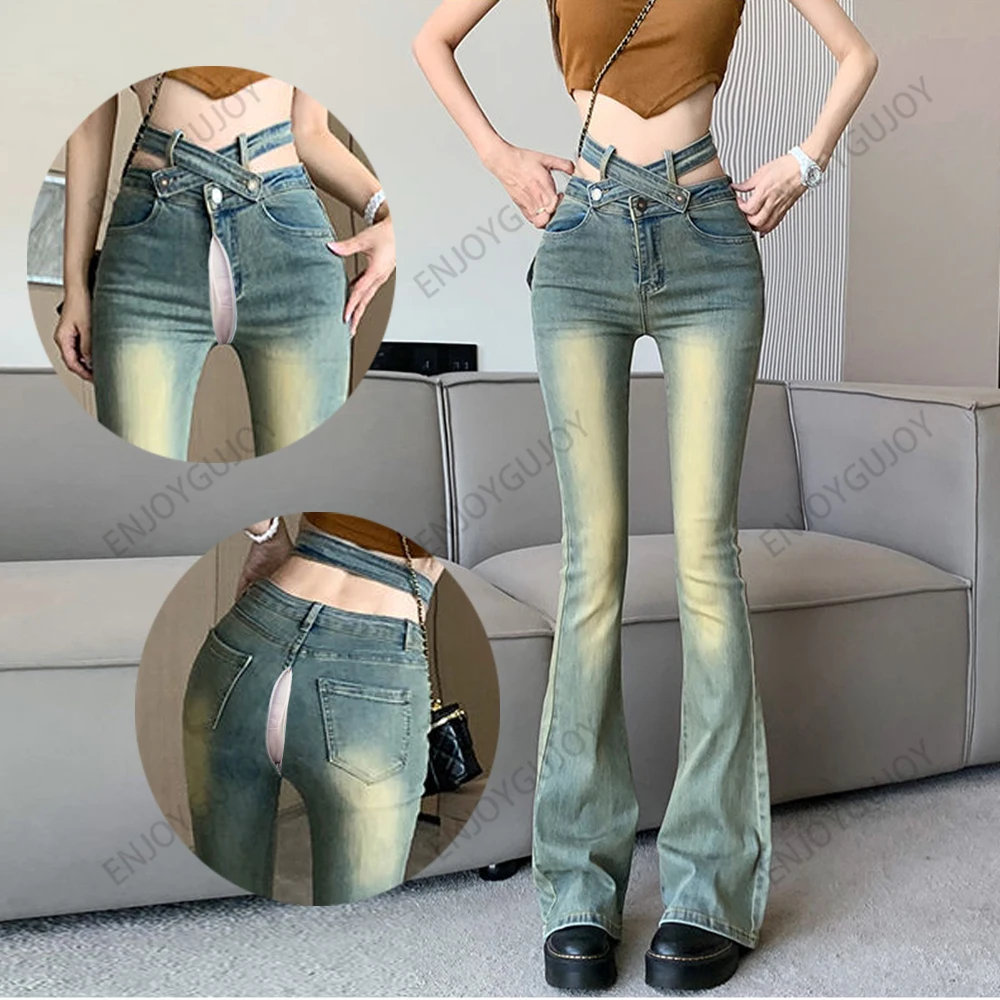 Elastic Retro Jeans with Bell Bottoms, Elastic Pants, Cross Hollowed Horseshoe Pants, Invisible Open Crotch, Outdoor Sex Gradien