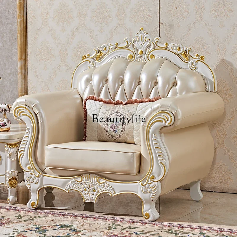 European leather sofa living room first layer leather size apartment American full solid wood carving flower sofa combination