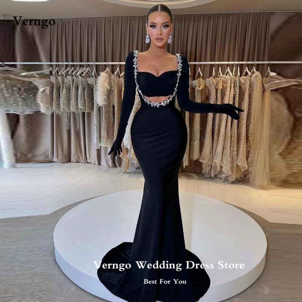 

Verngo 2023 Sexy Black Mermaid Evening Dresses Long Sleeves Stretch Satin Crystal Dubai Women Prom Gowns Formal Party Dress