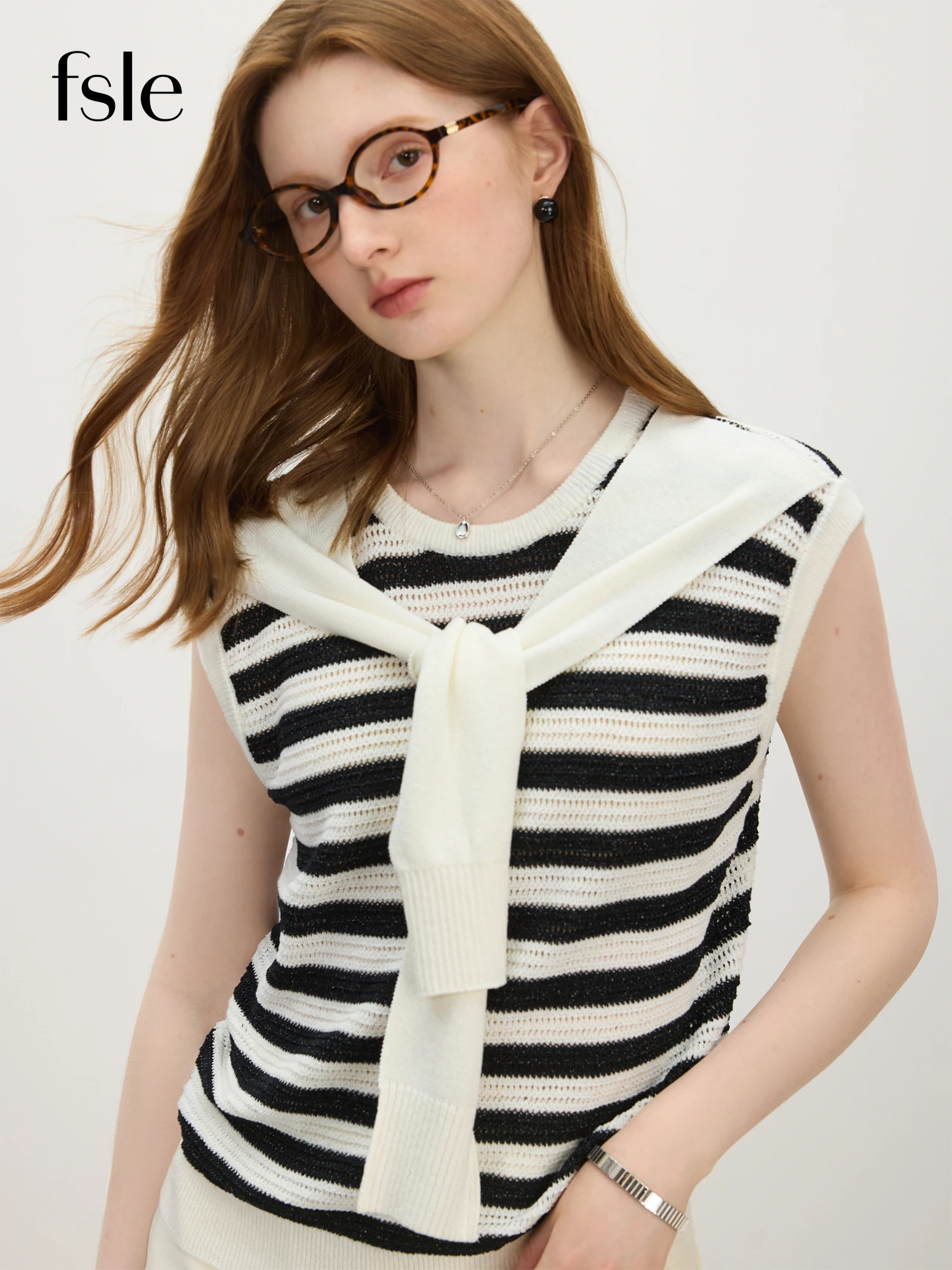 

FSLE Tencel Linen Striped Knit Top for Women - Summer 2025 New Model Relaxed Fit Sleeveless Ribbon Top Pullovers 25FS12624