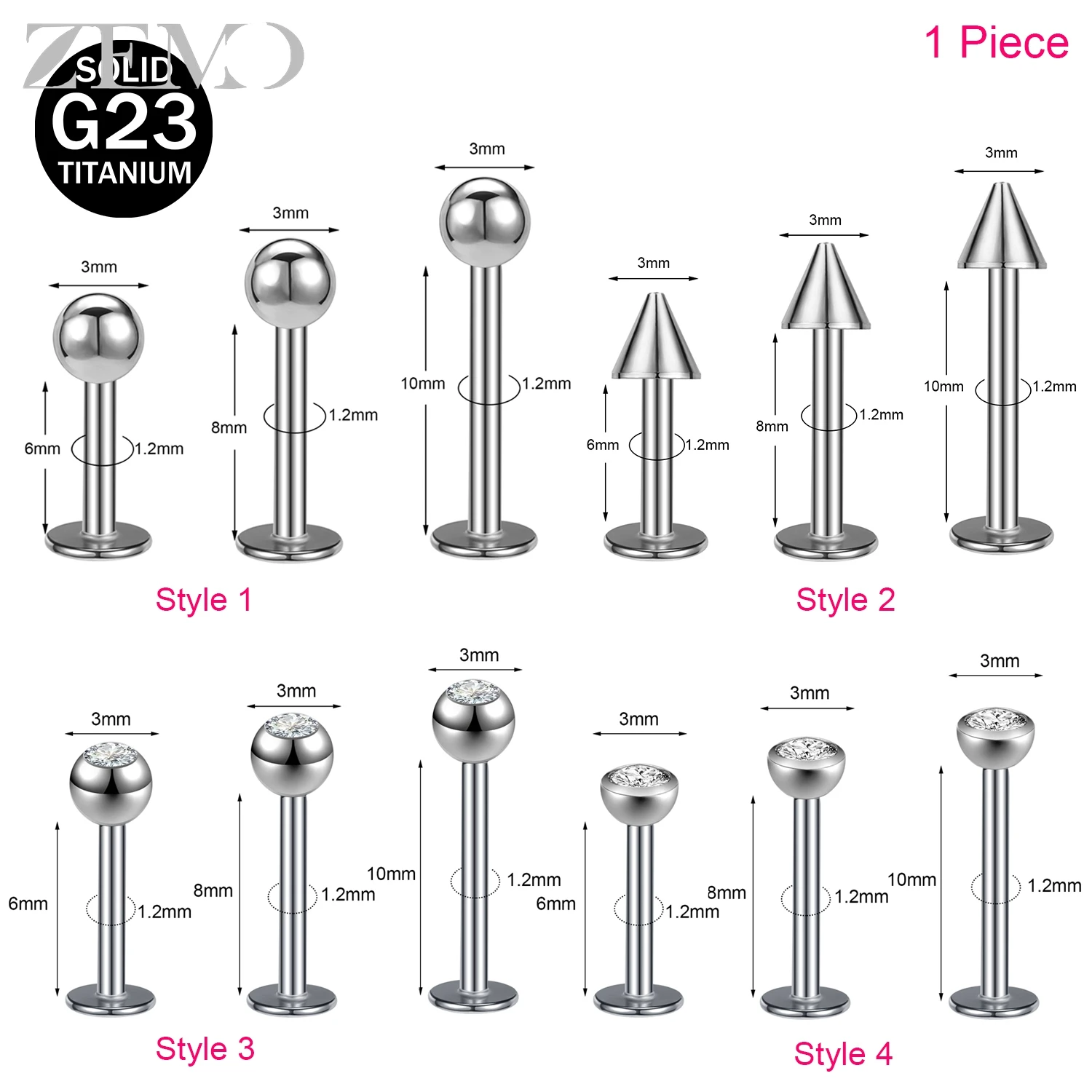 ZEMO 1 PC Titanium Steel Spike Labret Lip Piercing Women Men Zircon Lip Studs Taper Ball Dimple Monroe Helix Conch Piercings 16G
