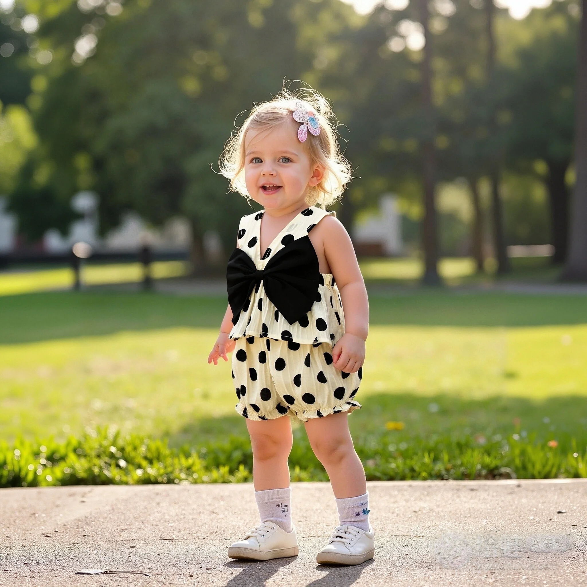 2pc/Set Baby Outfit Set Summer Cotton Bow And Polka Dot Pattern Suspender Top Lantern Shorts Cute Casual Baby Girl Set