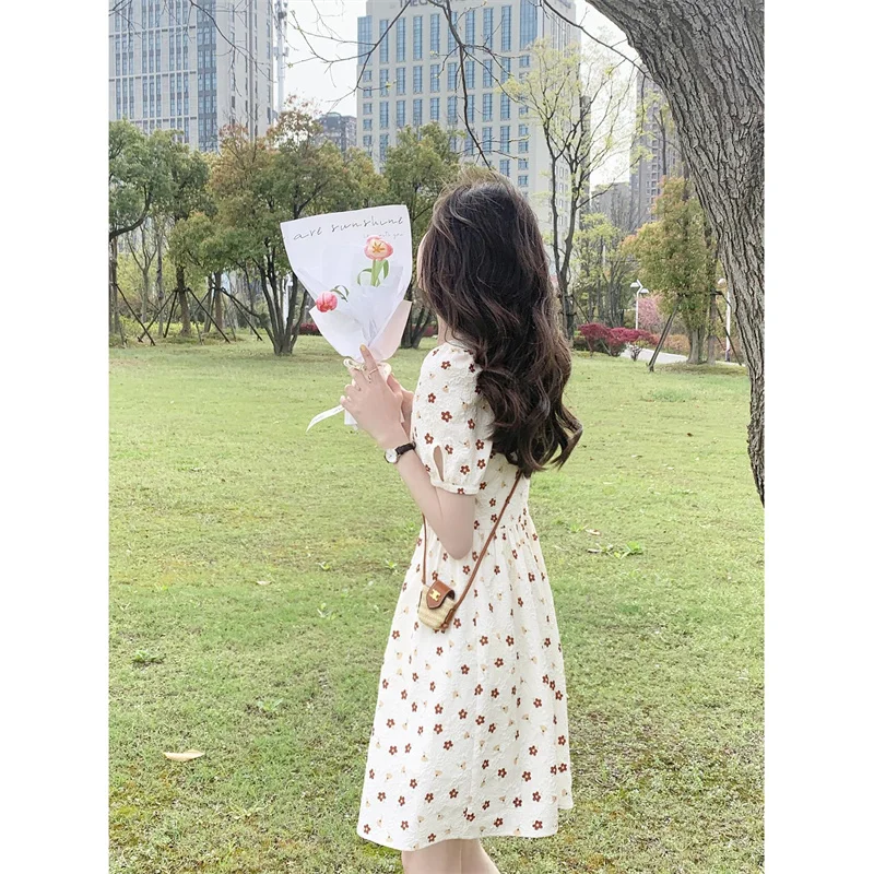 Abito donna stampa floreale colletto quadrato manica a sbuffo dolce studente versione Casual coreana bella estate Mini abiti larghi Vestidos