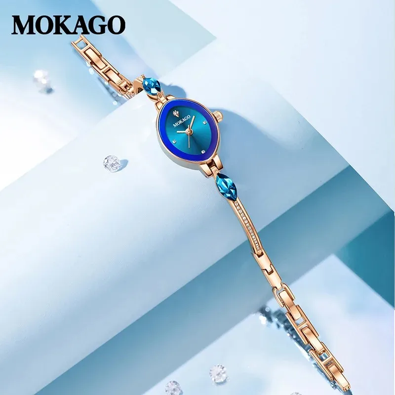 Romantic Blue Ocean Crystal Quartz Watch for Women with Golden Bracelet Diamond Chain Charm Oval Shape Fashion Ladies Wristwatch