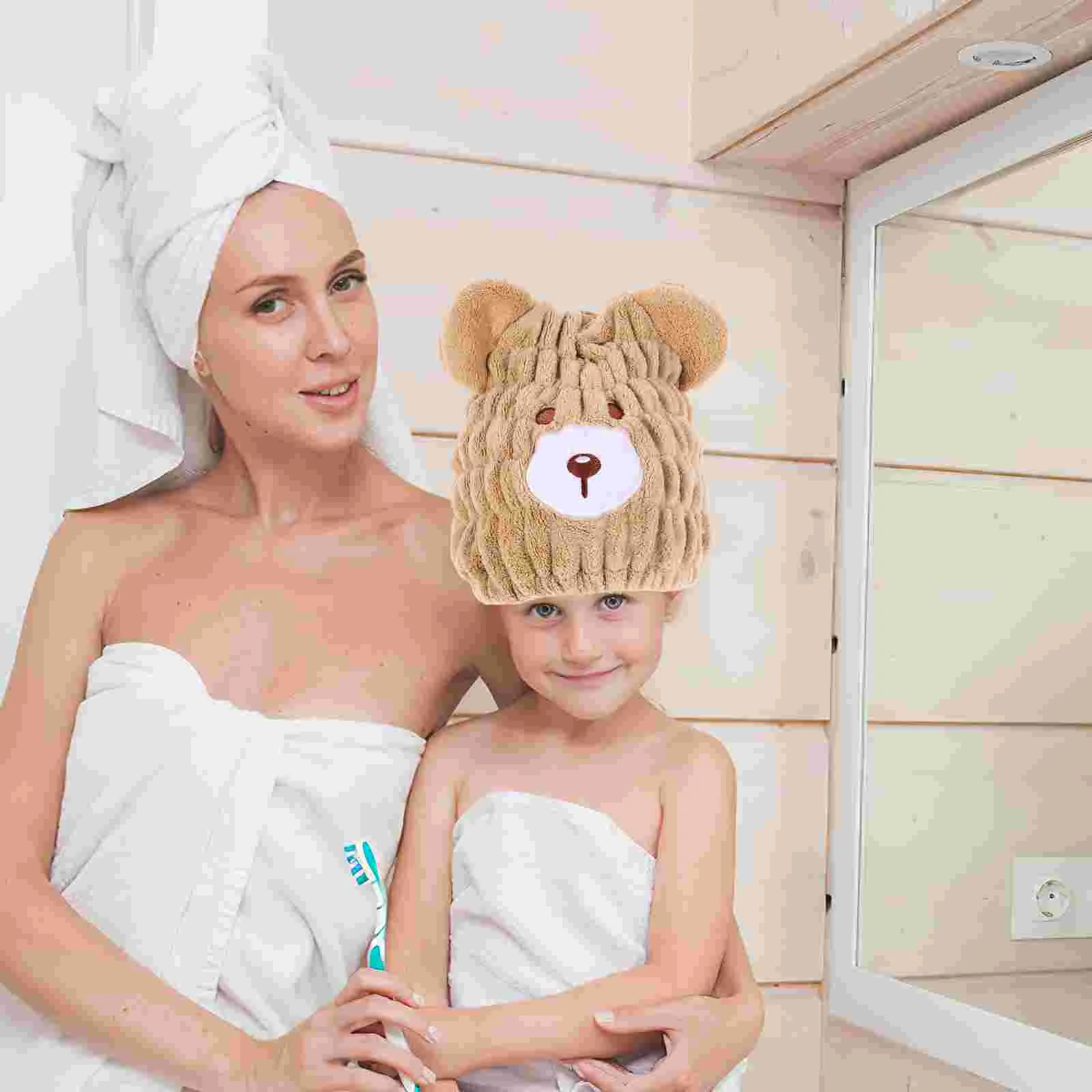 Cute Bear Hair Drying Hat Absorbent Coral Fleece Towel Wrap for Kids Quick Dry Bath Cap Soft Comfortable Easy Use Travel Home