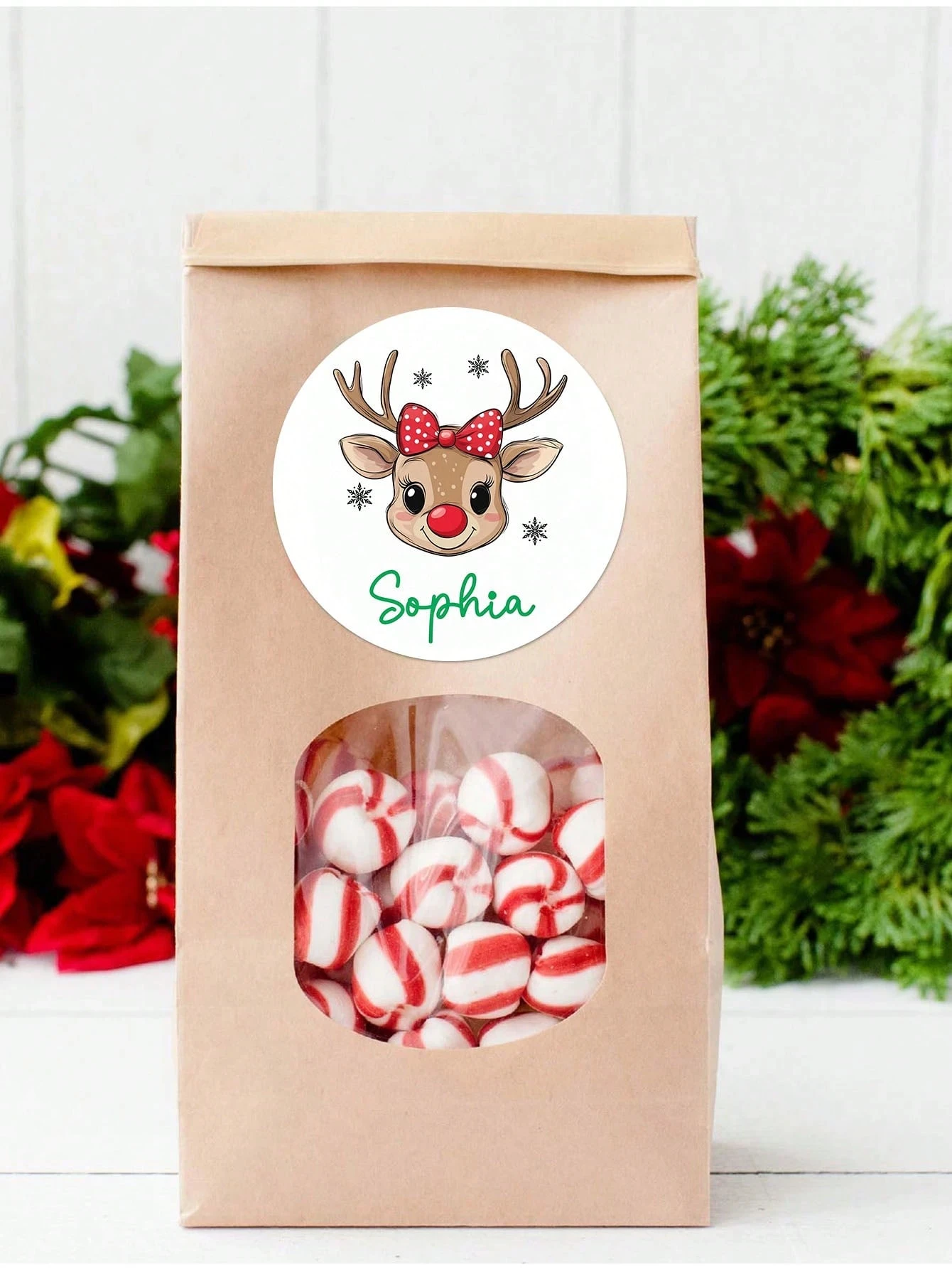 ملصق عيد الميلاد الشخصي 3-8 سم، ملصقات اسم عيد الميلاد المخصصة، ملصقات أسماء دائرية نصية مخصصة، علامات الأيائل المخصصة