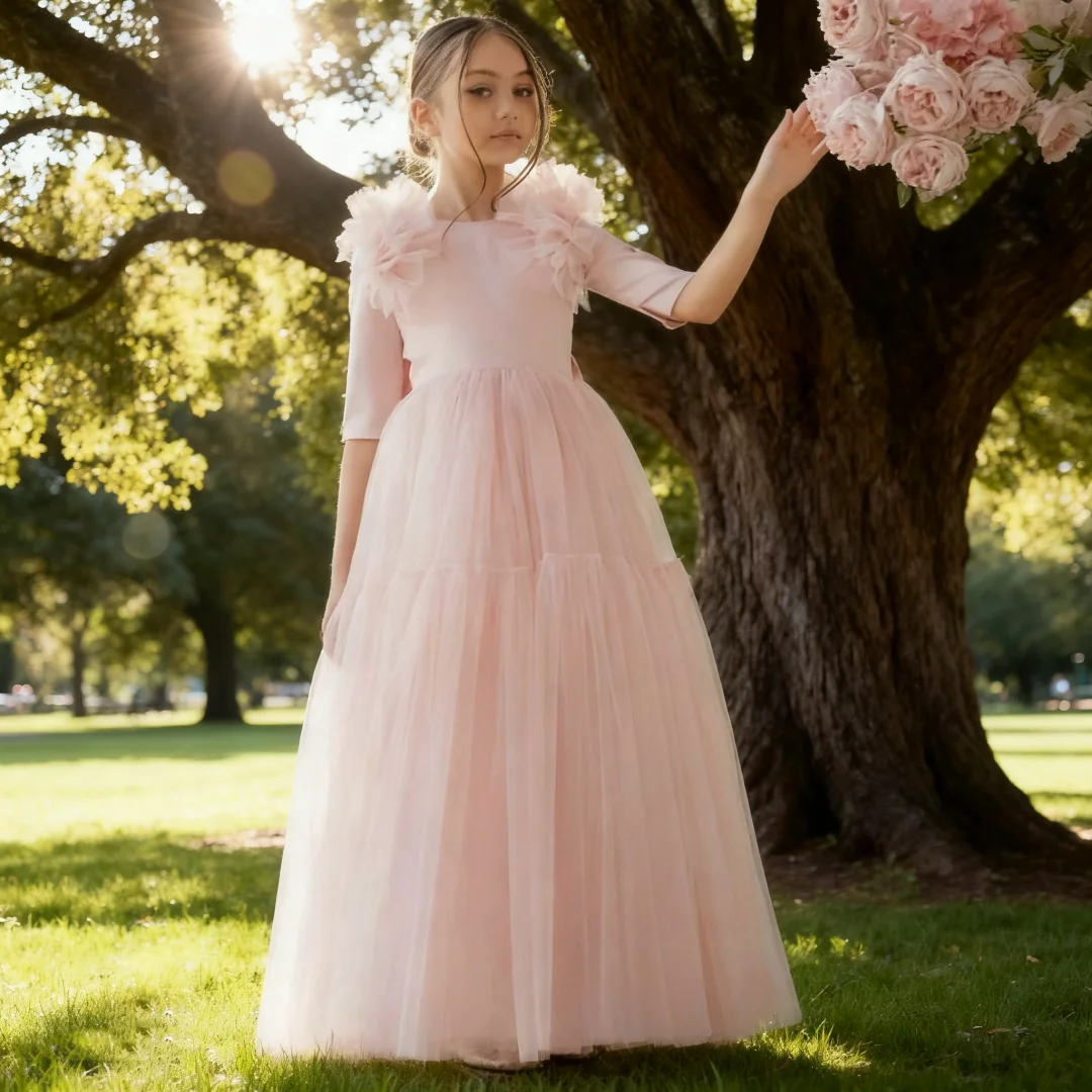 Floral Decorated Tulle Princess Dress for Girls Perfect for Flower Girl Birthday Celebrations And Weddings