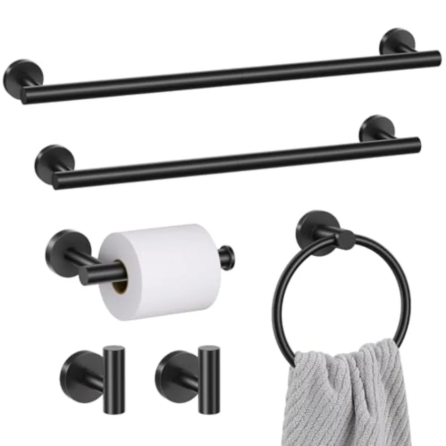 

6 Pieces Matte Black Towel Bar Bathroom Hardware Set 23.6Inch Matte Black Bathroom Accessories Towel Holder Set SUS304 Stainles