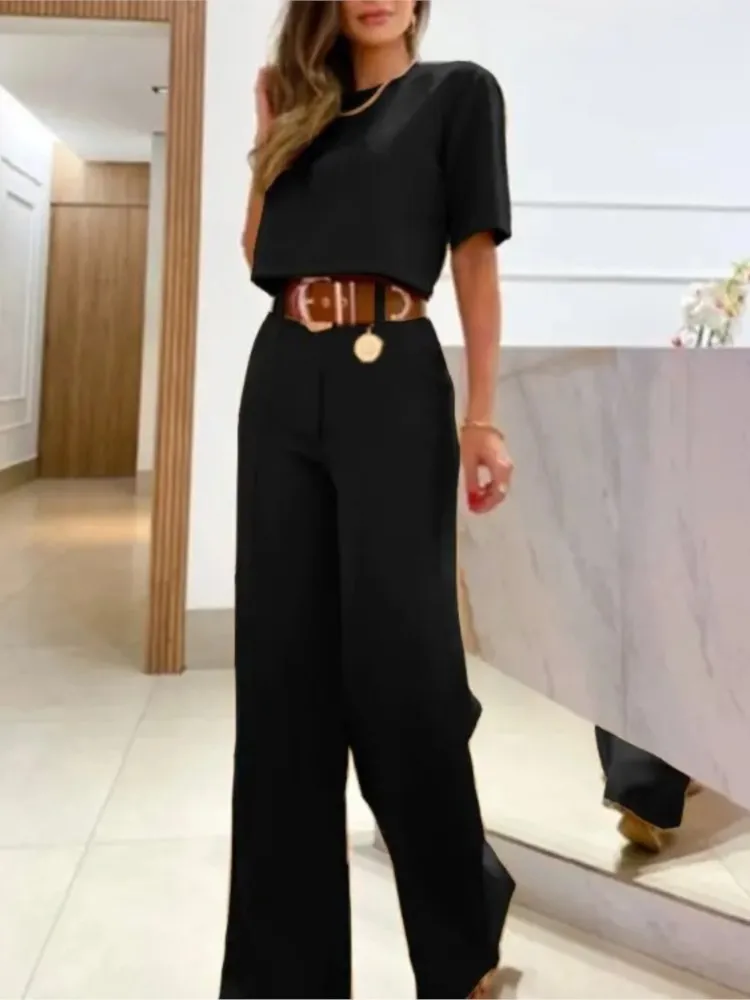 Summer Two Piece Set Suit For Women New O Neck Black Slim Fit Women\'s Set Short Sleeve Wide Leg Pants Long Pants Casual Set 2024