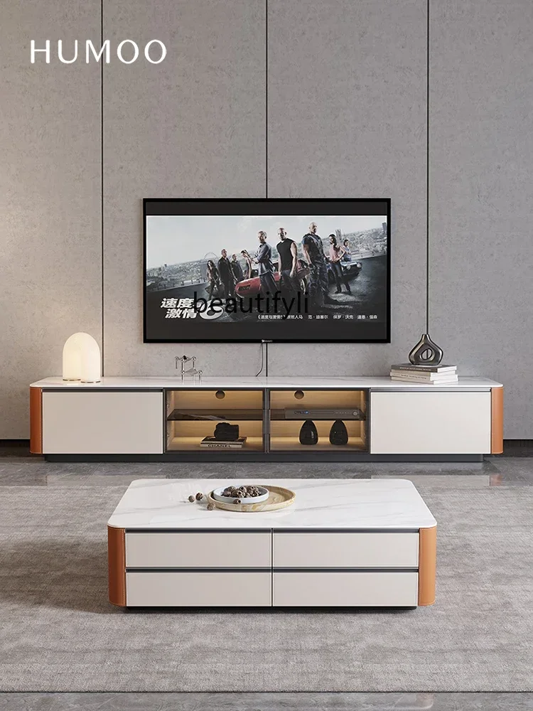 

cqyMinimalist Saddle Leather TV Cabinet and Tea Table Living Room Glass Door High-End Lengthened Solid Wood Floor Cabinet