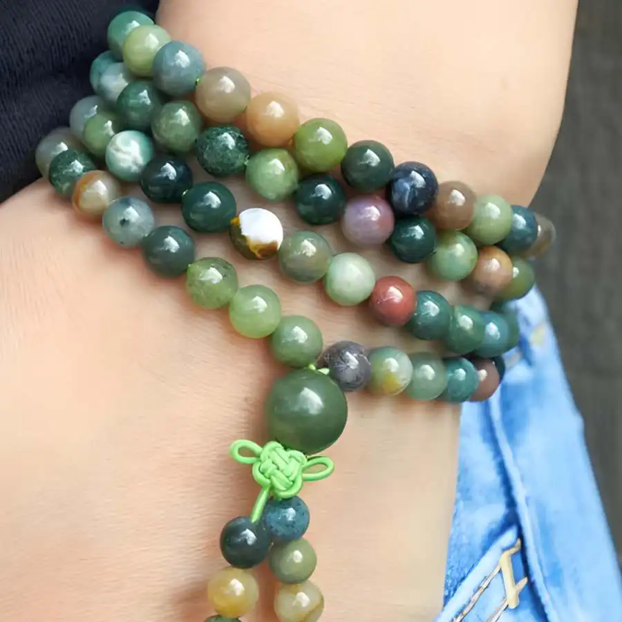8mm Indian Agate Stone 108 Beads Necklace Bracelet Stone Mala zazen Yoga Bohemian tassel Bodhi Chakra Tibetan Chaplet elastic