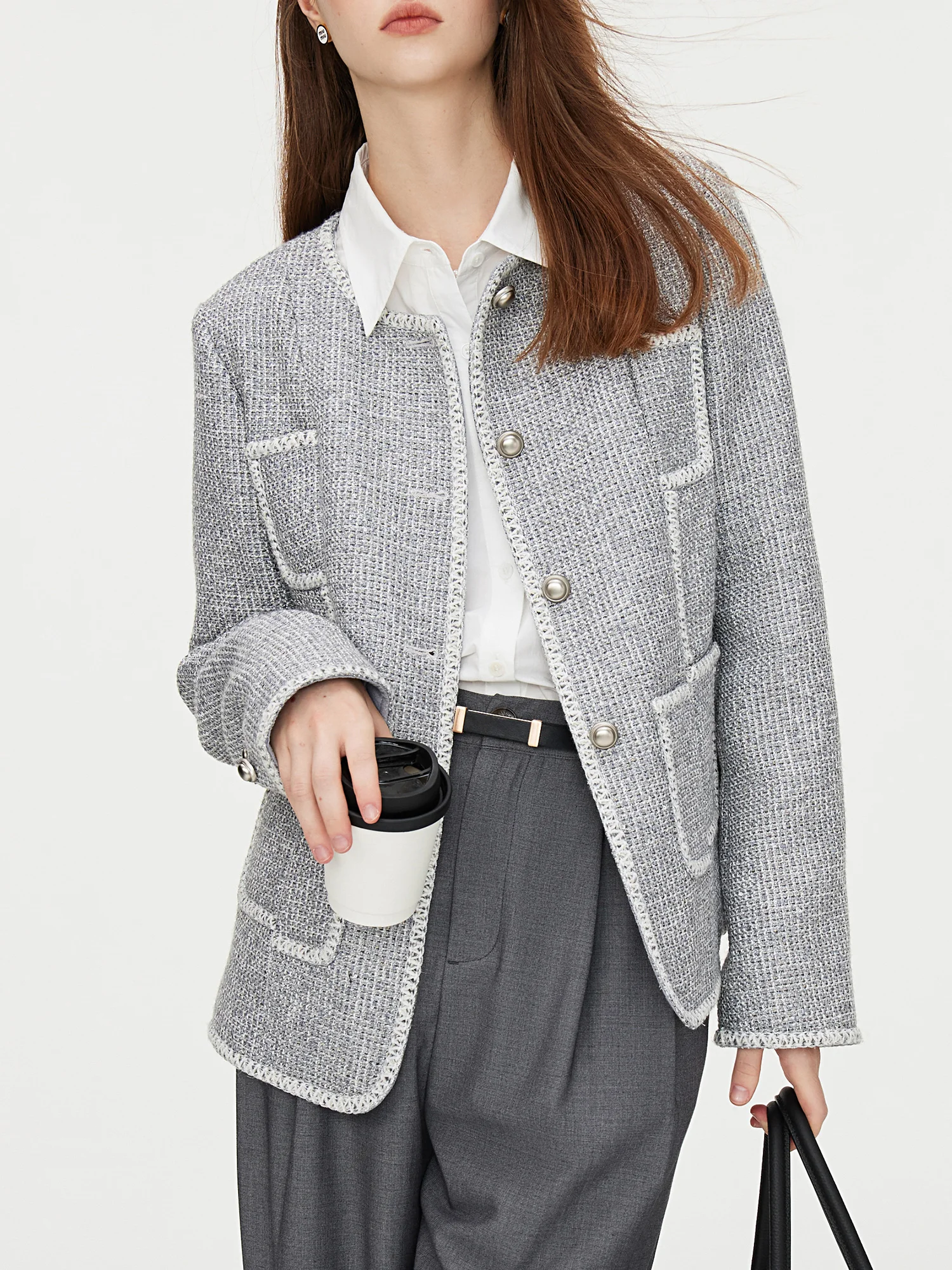 

FSLE Women Tweed Jacket Autumn New Temperament Silver Grey Straight Round Neck Coats Office Lady Short Tweed Coat 24FS13270