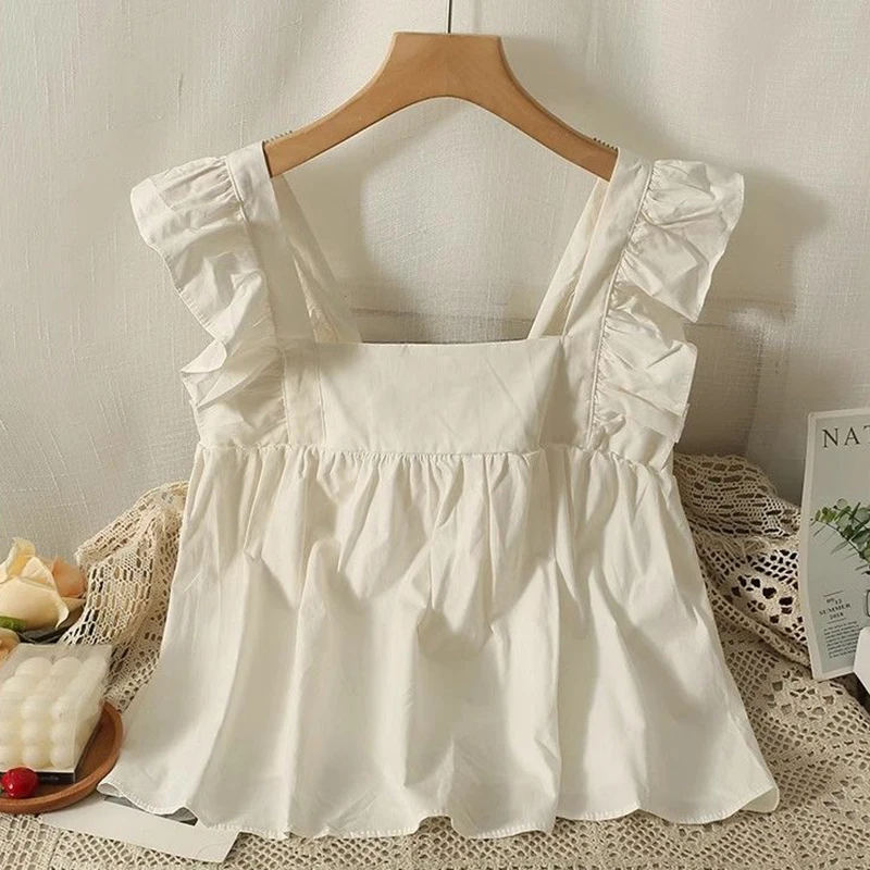 Sweet Women\'s Ruffle Camisole Lace Up Solid Loose Top Elegant French Square Neck Flare Chiffon Shirt Summer Trend Cute Blouses