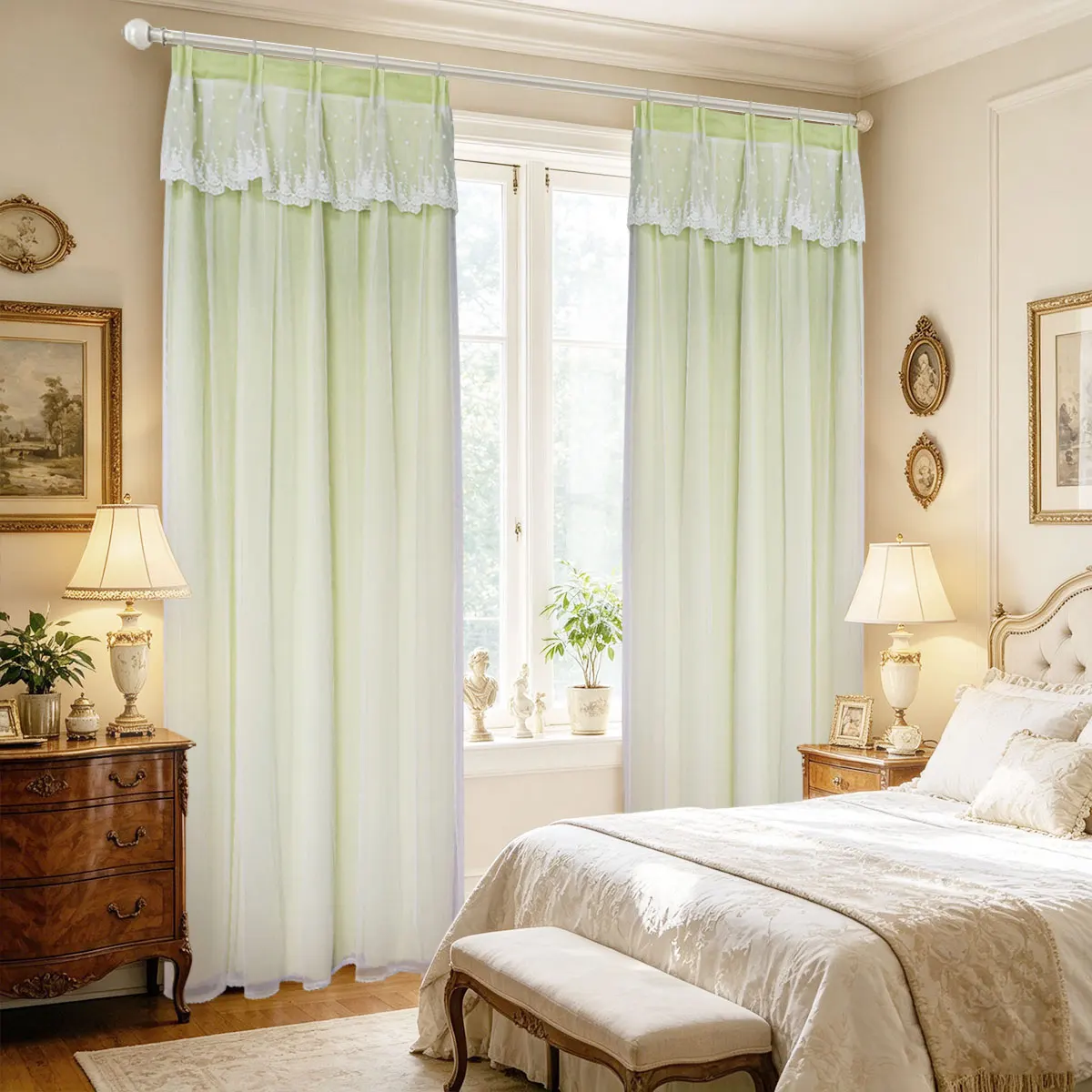 Light Green Double Layer Lace Valance Curtain Star Embroidery Light Filtering Drapes 4 Prong Hook Bedroom Home Curtain 2pcs
