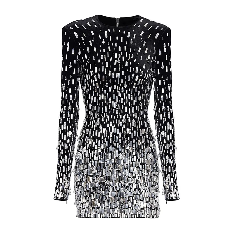 

2025 New Celebrity-Inspired Fashion Velvet Dress, Long Sleeve with Heavy Beading and Sequins, Elegant and Stylish Design