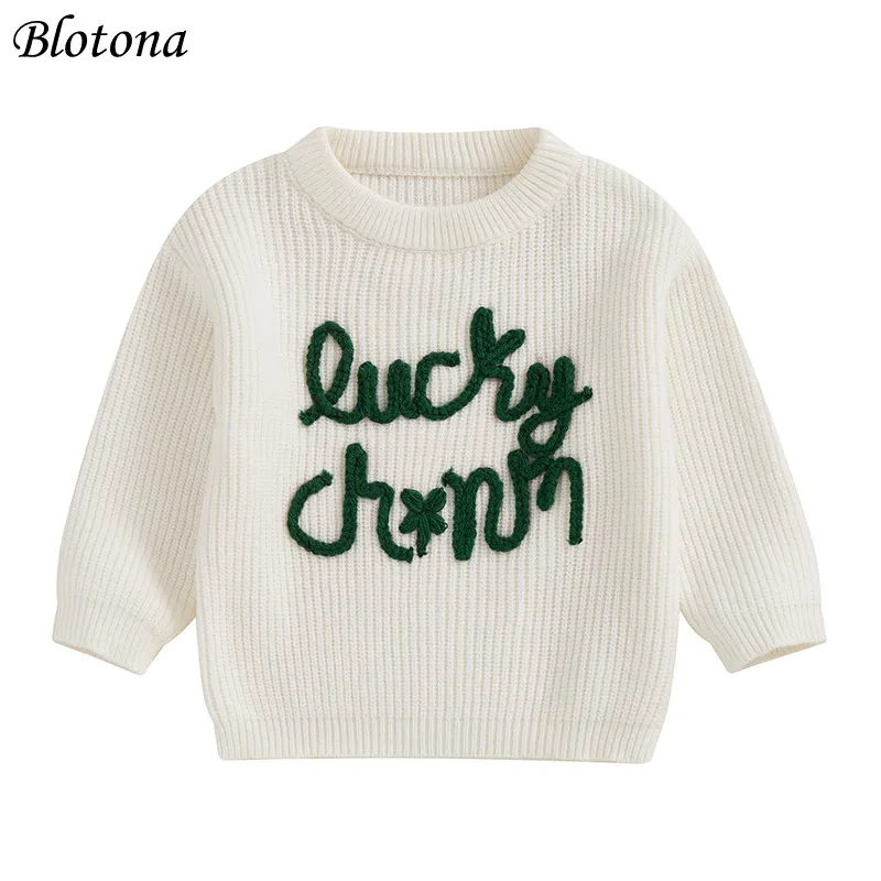 Blotona Kids Girls Boys Sweater, Long Sleeve O-Neck Letter Embroidery Warm Winter Pulover Irish St. Patrick's Day Clothes