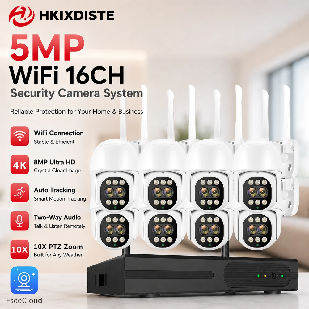 5MP 16CH WiFi NVR Security Camera System 4/8 Dual Lens 8MP PTZ Cameras 10X Digital Zoom Human Detection Audio Record EseeCloud