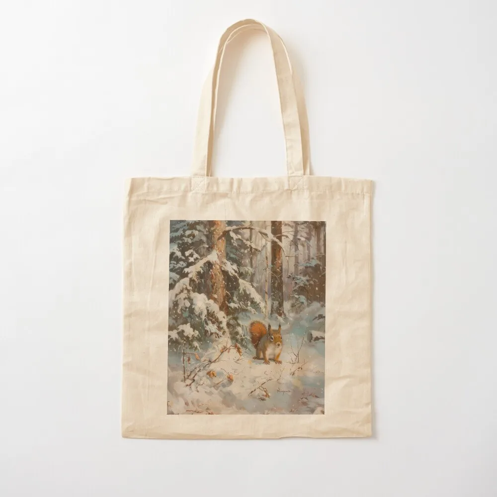 Red Squirrel in Snow-Covered Forest Tote Bag reusable shopping bags Women's beach bags hand bag