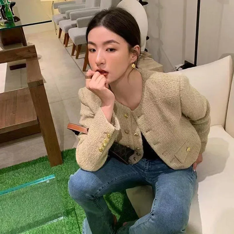Lucyever Vintage Women\'s Tweed Jackets Elegant Chic Double-Breasted with Pocket Jacket Ladies Korean Fashion O-Neck Short Coat