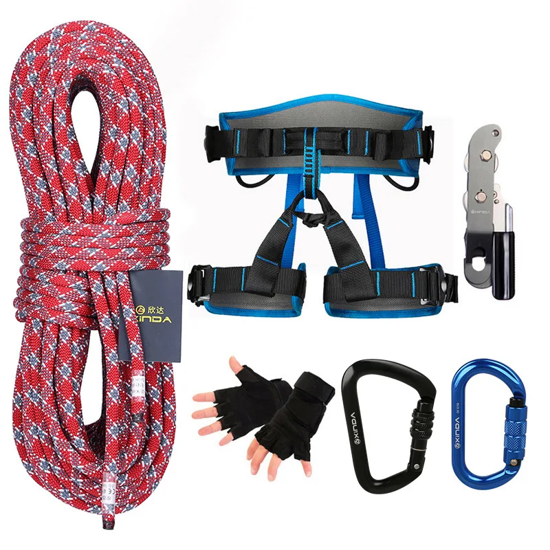 

Climbing Rope Set 10M Nylon Half-Body Harness Carabiners Gloves For Rock Climbing Mountaineering