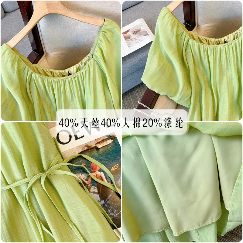 150Kg Plus Size Women\'s Bust 160 Summer Loose Square Neck Waistband A-Line Dress Green Apricot 6XL 7XL 8XL 9XL 10XL