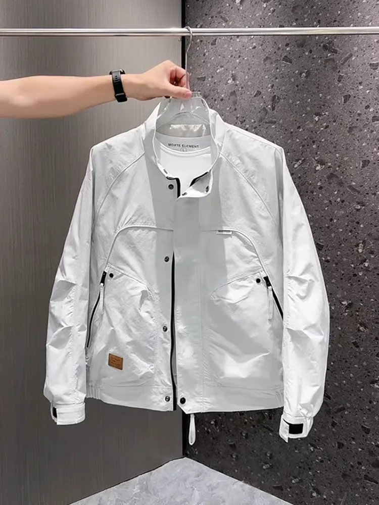 Spring Autumn Men's Slim Fit Workwear Jacket Trendy Short Pure Color Fashion Outerwear Zipper Decoration Windproof Polyester