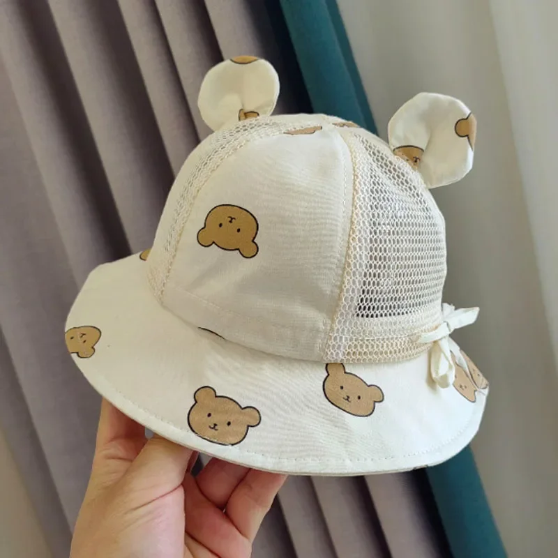 Cute Bear Baby Bucket Hat with Ears Boys Girls Cartoon Cotton Mesh Breathable Sun Hat Kids Outdoor Summer Child Panama Cap