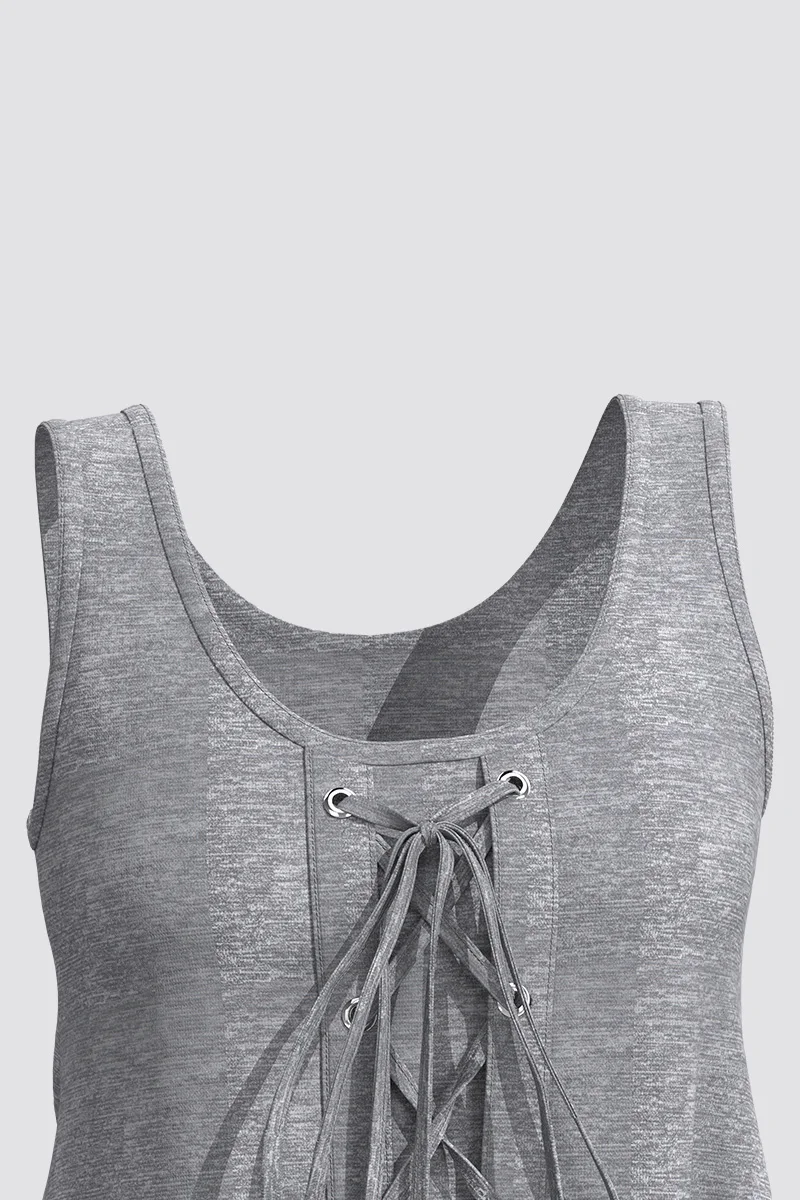 Damski podkoszulek Plus Size Casual Grey Eyelet Washer Lace-Up Tank Top bez rękawów Średni stan Vintage Okrągły dekolt Letni podkoszulek 2024