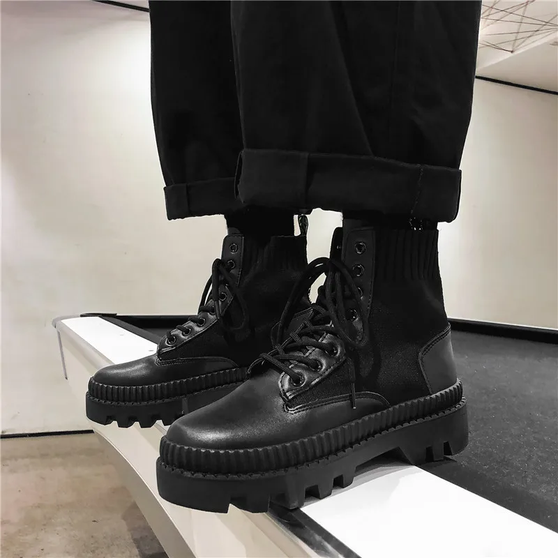 Ankle Boots Men 2021 Autumn Winter Elastic High Top Boots Male Punk Style Shoe Men Lace-up Casual Botas Motorcycle Unisex Boots