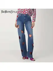 TWOTWINSTYLE Hollow Out Designer Denim Pants For Women High Waist Patchwork Pockets Casual Straight Jeans Female Fashion Style