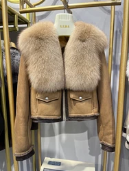 2024 Cappotto invernale da donna Vera pelliccia di pecora merino naturale Giacca in vera pelle Collo di pelliccia di volpe Cappotti femminili di lusso caldi e spessi