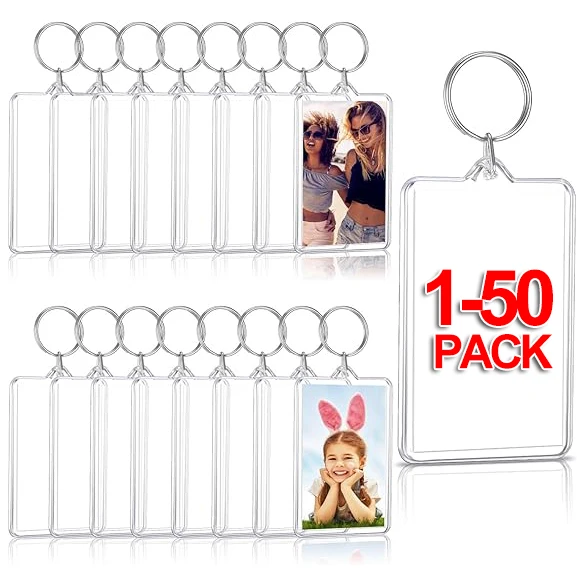 1-50pcs Transparent Acrylic Blank Insert Keychain Round Sauqre Photo Picture Frame Rectangle Keyring Holder DIY Split Ring Gifts