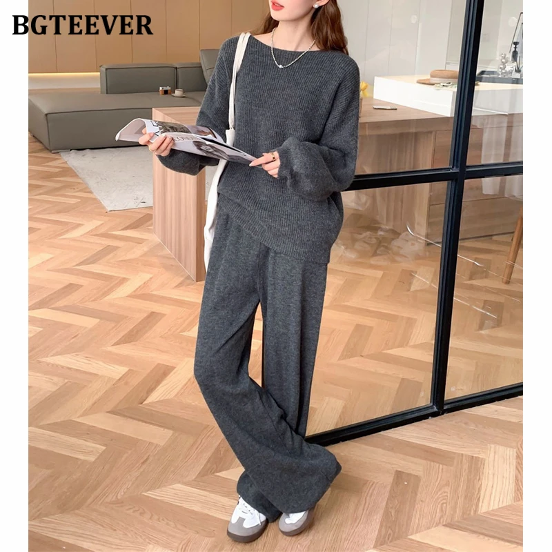 BGTEEVER Casual Ladies 2 Pieces Sweaters Set Long Sleeve Pullovers Tops & Wide Leg Trousers Autumn Winter Female Knitted Outfits